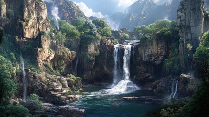 Lush jungle waterfall cascades into serene pool.