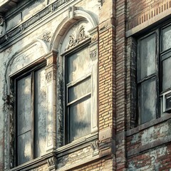 Ornate Brick Facade of an Abandoned and Dilapidated Urban Building