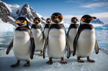 funny penguins in sunglasses had a tropical party on ice of Antarctica	