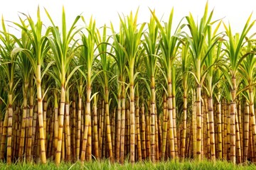 Clean white background showcases individual sugarcane stalks in a panoramic composition.