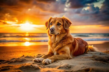 Obraz premium Adorable Brown Dog Beach Photo, Low Light Sandy Shore Puppy, Vertical Dog Image