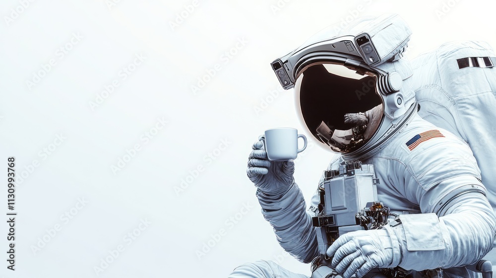Poster an astronaut sitting and enjoying a cup of coffee in a serene, minimalistic environment.