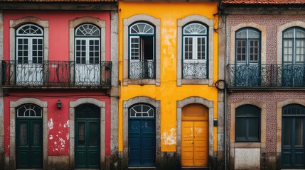 Fototapeta premium Portuguese Heritage: Colorful Old Town Architecture with Vibrant Colors, European Charm, and Artistic Design