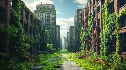 Post apocalyptic streetscape of the future with buildings overgrown with green plants. A future without human vision. 3D Illustration