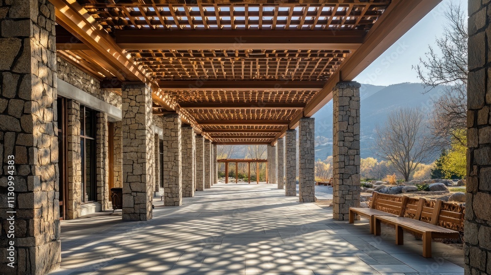 Poster a serene architectural space with stone columns and a wooden trellis, inviting relaxation.
