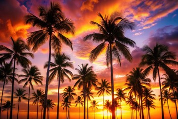 Obraz premium Deep focus captures tropical sunset's fiery hues behind dark palm tree silhouettes.