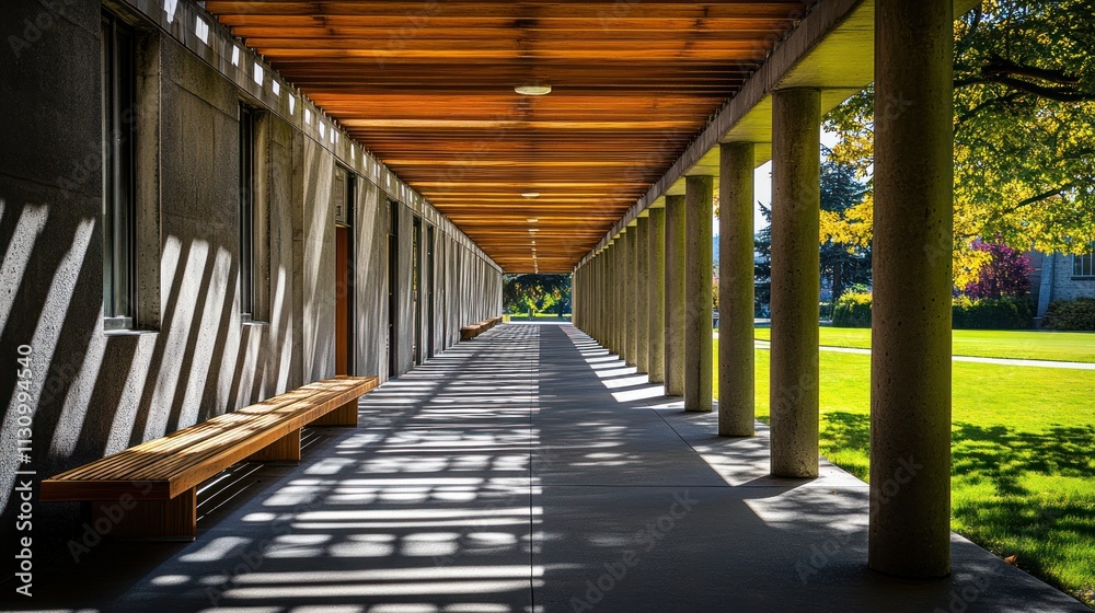 Poster a serene corridor with wooden benches and sunlight casting shadows on a well-maintained path.
