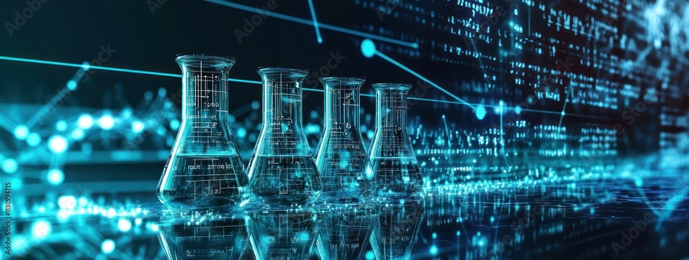 Poster A futuristic scene featuring laboratory flasks with digital data visualizations.