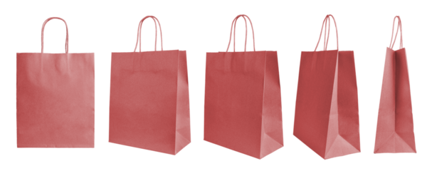 Set of different angles, various perspectives blank red craft paper bags isolated on white, transparent  background. Eco friendly shopping bag made from recycled paper. Mockup, template