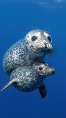 Fototapeta premium A mother seal gently guiding her pup with a flipper as they dive deeper, their sleek forms outlined by beams of sunlight penetrating the ocean.