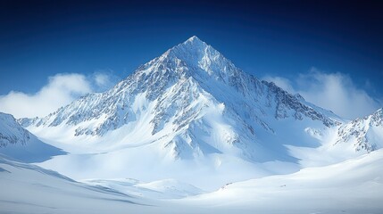 Obraz premium Majestic Snow-Capped Mountain Under Clear Blue Sky with Soft Clouds in the Background