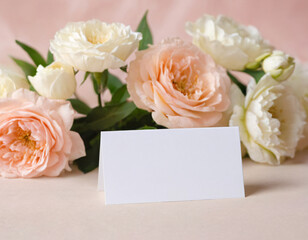 Blank Card with Roses and Flowers on a Soft Background. Mockup for salon, logo, wedding