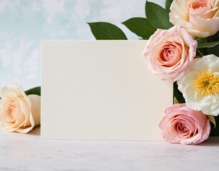 Blank Card with Roses and Flowers on a Soft Background. Mockup for salon, logo, wedding