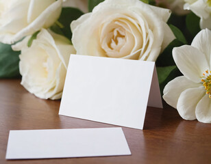 Blank Card with Roses and Flowers on a Soft Background. Mockup for salon, logo, wedding