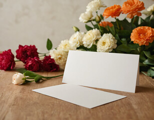 Blank Card with Roses and Flowers on a Soft Background. Mockup for salon, logo, wedding