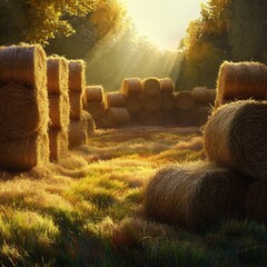 Serene Autumn Countryside Landscape with Glowing Sunset and Hay Bales