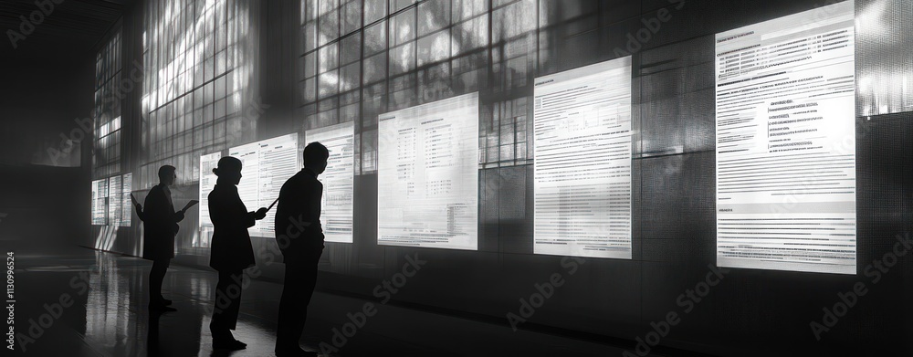 Aufkleber Silhouetted figures interact with digital displays in a modern, tech-focused environment.