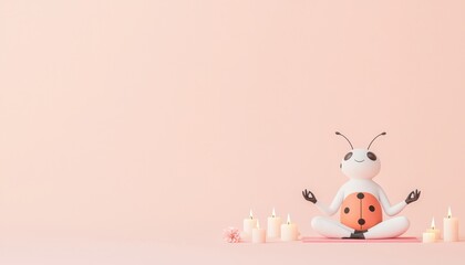 Naklejka premium Cute cartoon ladybug character meditating peacefully among candles and flowers on a soft pastel background