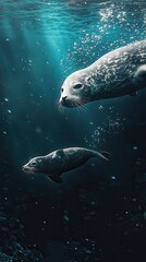 Obraz premium A tranquil image of a mother and baby seal gliding side by side underwater, their fur shimmering with tiny air bubbles as they explore their aquatic world.