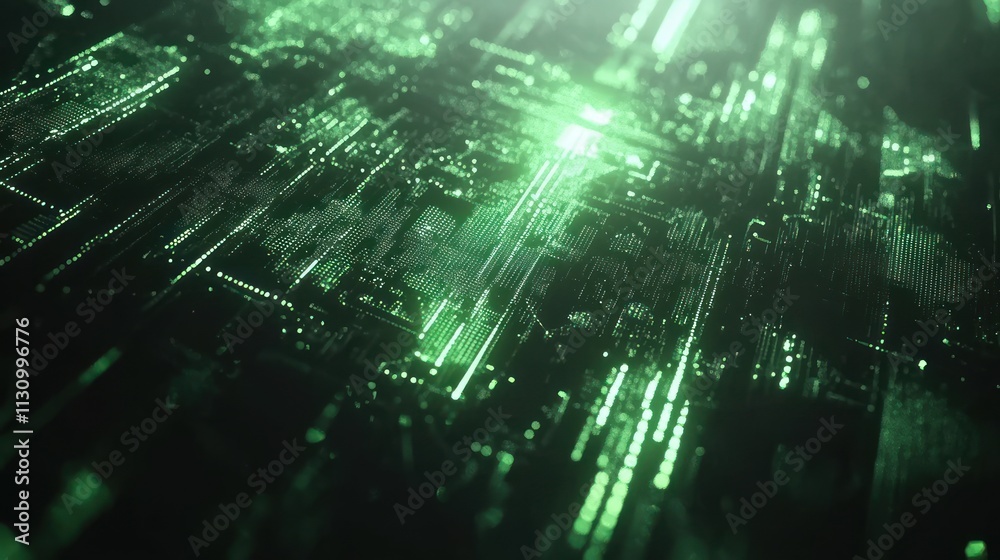 Poster Abstract digital landscape with glowing green circuitry and data patterns.