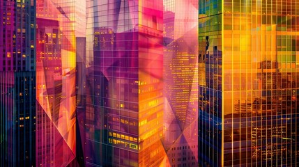 Obraz premium An abstract representation of high-rise buildings with vibrant geometric patterns and glowing lights.