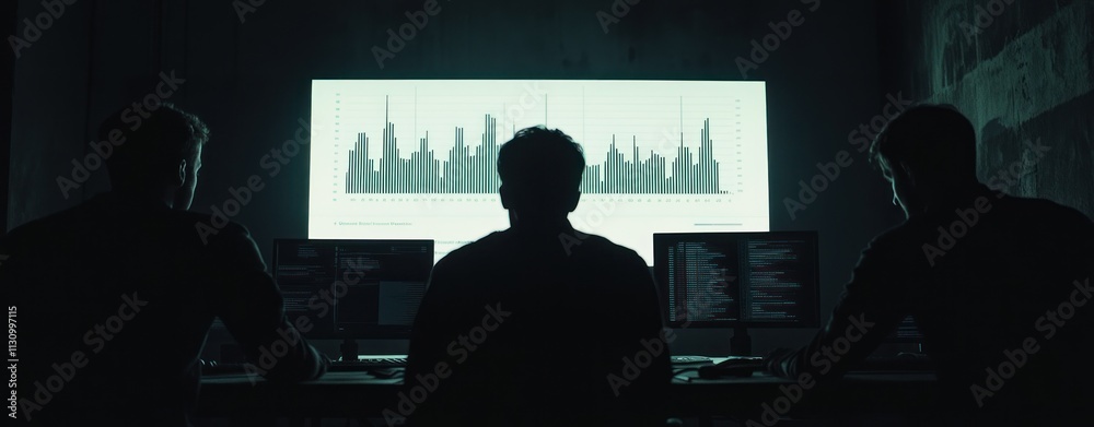 Aufkleber Three individuals observing data visualizations on screens in a dimly lit environment.