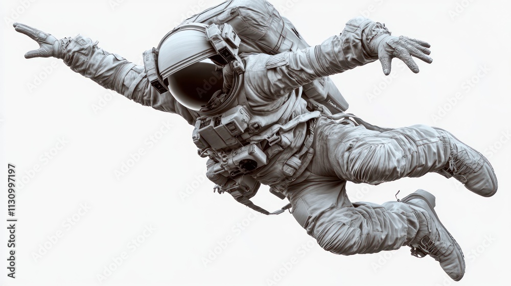 Poster A grayscale depiction of an astronaut floating in space, showcasing space exploration themes.