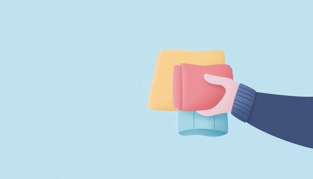Hand Holding Colorful Cleaning Cloths Against Soft Blue Background for Household Tasks and Cleaning Activities