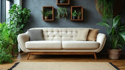 Obraz premium Interior design with a couch in a living room showcases empty and bright decor with a wall mockup, throw pillows, a rug, and stylish accommodation for lifestyle and feng shui