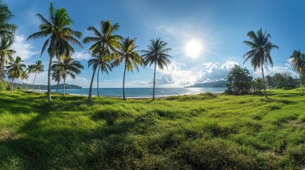 Fototapeta premium Serene Tropical Paradise with Palm Trees and Sparkling Ocean View