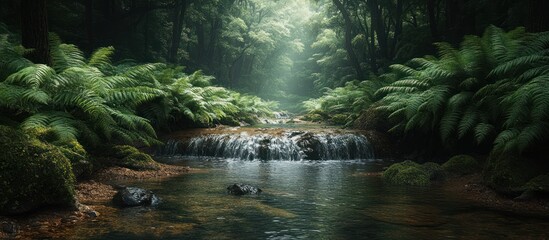 Fototapeta premium Serene waterfall cascading through lush green rainforest.