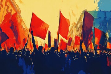 Obraz premium Crowd protests; red flags wave high.