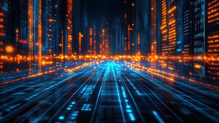 Obraz premium Business Data Analysis in Urban Landscape with Skyscrapers Illuminated at Night City Lights, Financial Growth, and Analytics Insights