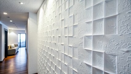 Obraz premium High-depth-of-field architectural shot: square, textured white plaster wall in modern setting.