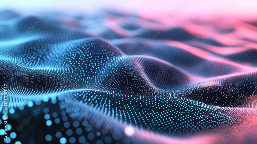 Poster abstract digital landscape with flowing waves and glowing particles in blue and pink hues.