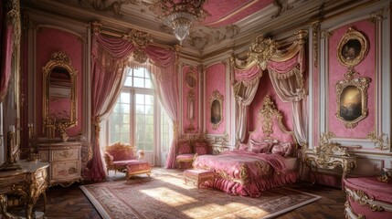 princess room in pink baroque style with beautiful ornaments