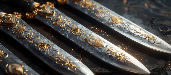 A collection of ornate and intricate swords featuring detailed metalwork elegant patterns and a sense of historical craftsmanship and cultural significance