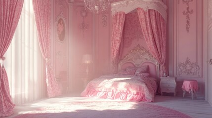 princess room in pink baroque style with beautiful ornaments