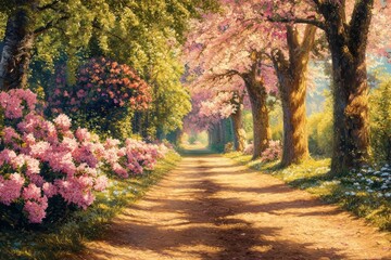 Serene Countryside Path in Spring with Flowering Trees and Dappled Sunlight