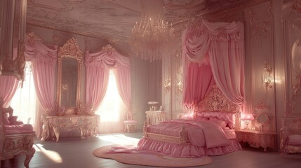 princess room in pink baroque style with beautiful ornaments