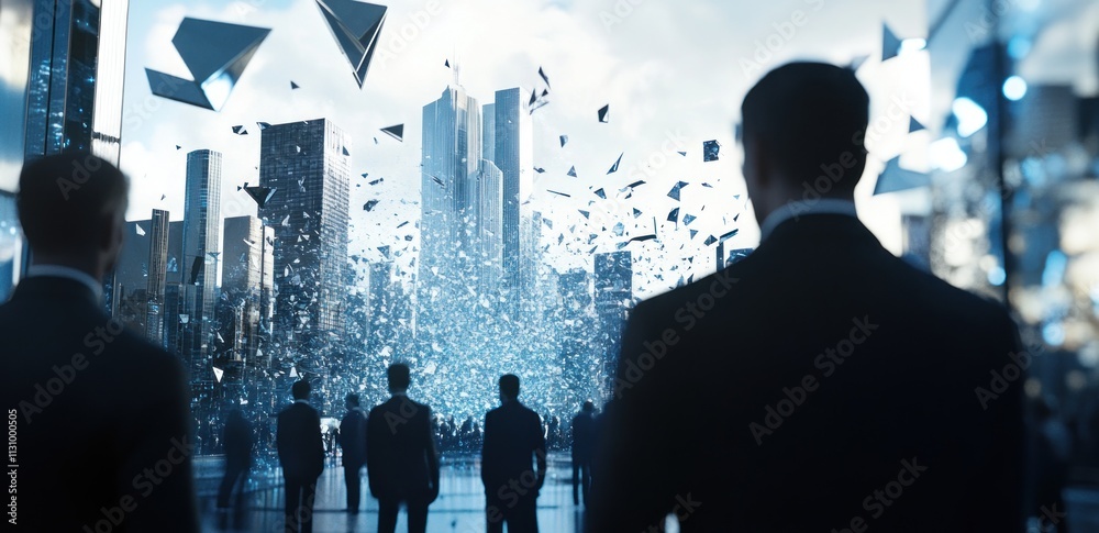 Poster A futuristic cityscape with figures observing a dynamic, fragmented skyline.