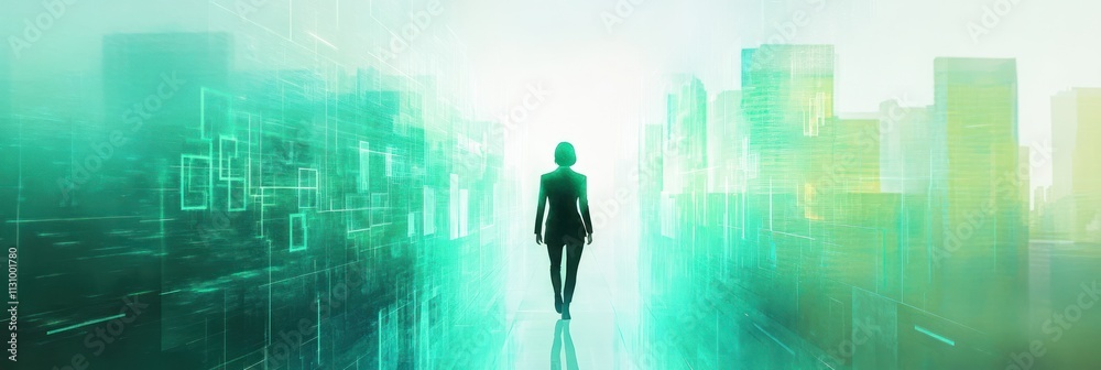 Poster a silhouette of a person walking towards a futuristic cityscape with digital elements.