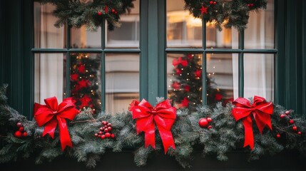 Fototapeta premium Festive garlands with red bows framing a large window
