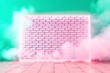 Neon pink brick wall encased in a glowing frame with vibrant teal smoke. A striking modern design,...