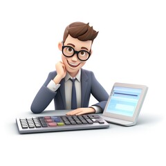 A Cheerful Accountant happily working with Calculators and important Documents. Office worker 3d toy miniature isolated on a white background.