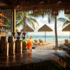 Tropical Beach Bar with Refreshing Cocktails and Scenic Ocean View