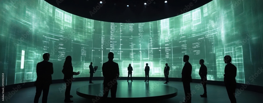 Poster a group of silhouetted figures in front of a digital display, suggesting a tech-focused meeting.