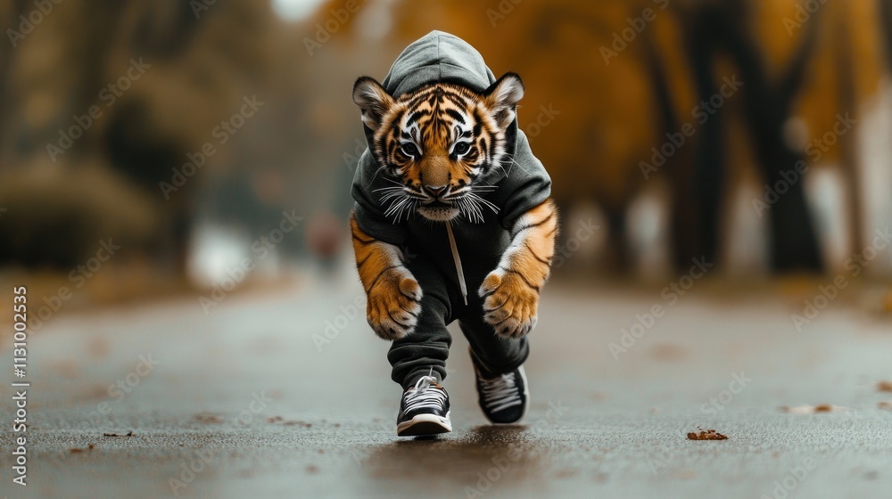 Poster a tiger wearing a hoodie runs on a path in an autumn setting.