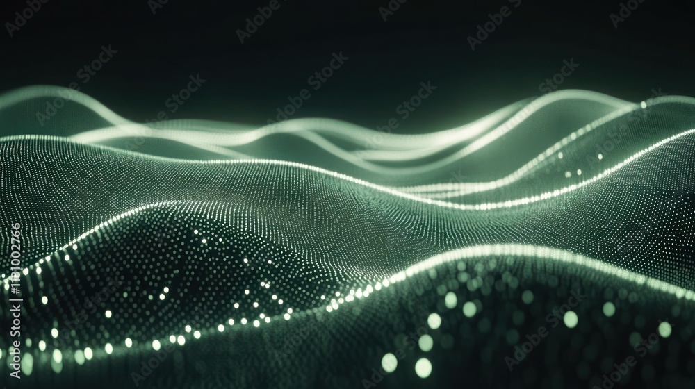 Poster Abstract representation of flowing waves with glowing particles in a digital landscape.