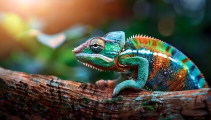 Fototapeta premium Vibrant Chameleon on Branch in Tropical Forest